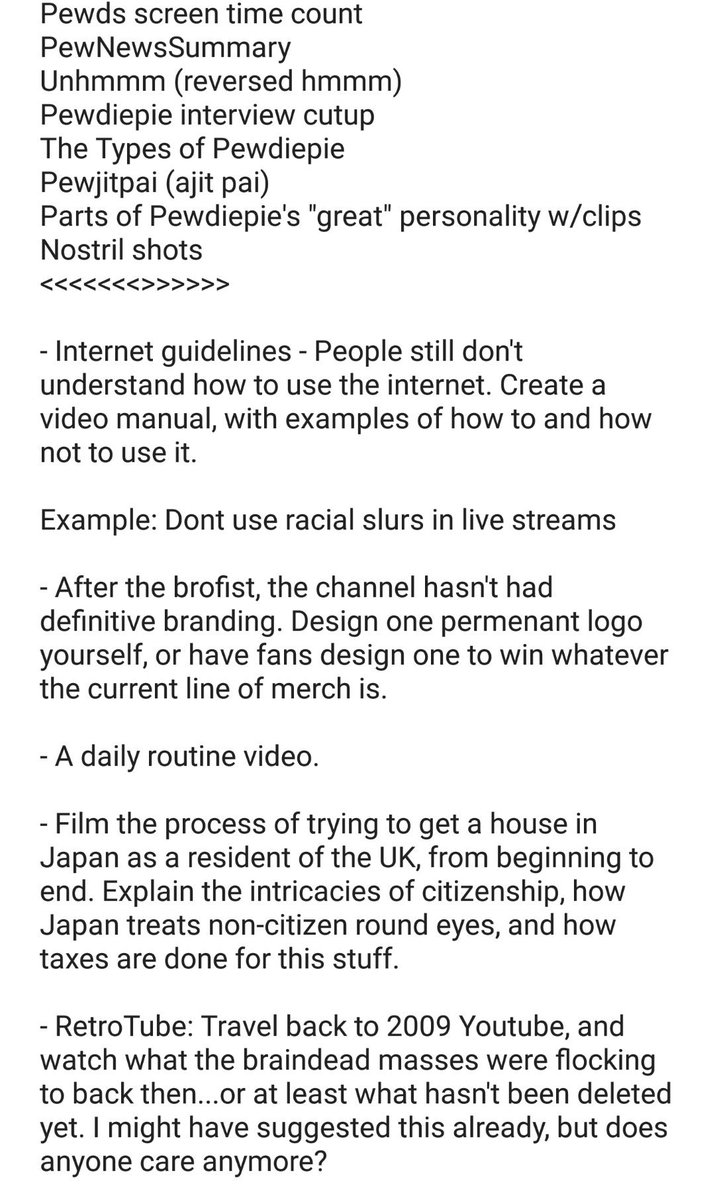 PDPIdeas's tweet image. Here's the rest of the stuff I have in my notes, ideas for edits and "ideas for pewds"