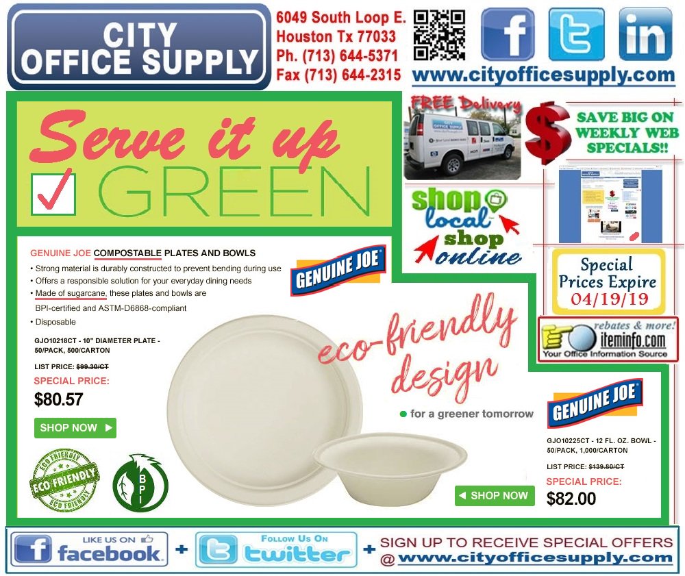 #GreenUp your next #Gathering with @GenuineJoeKnows #Compostable #Sugarcane #DisposablePlates & #Bowls on #WeeklyWEBSpecial @ CityOfficeSupply.com #GoGreen & #ShopLocal ecinteractiveplus.com/5632/Product/G…