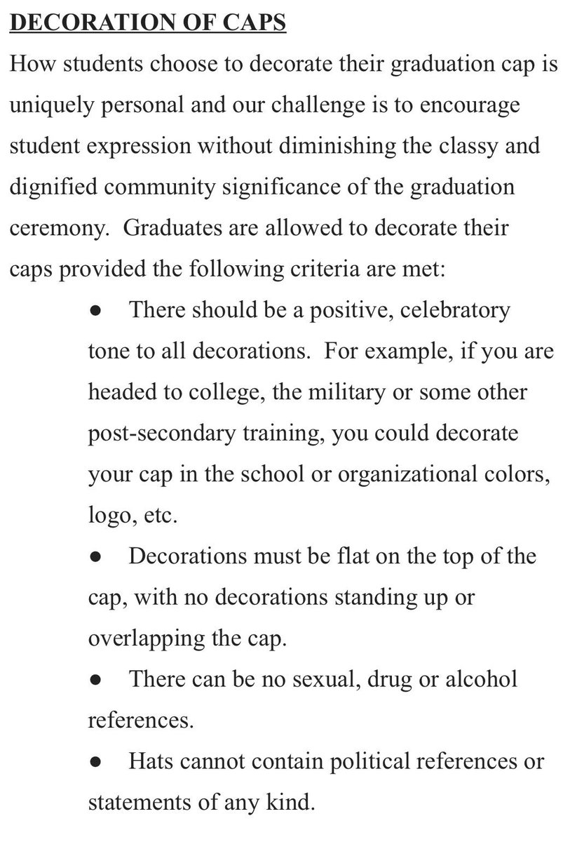 AHSgrads2019's tweet photo. If you plan on decorating your grad cap, you need to follow these rules! Thanks for the cooperation, have fun!! 😌 https://t.co/huBfsBHRhP