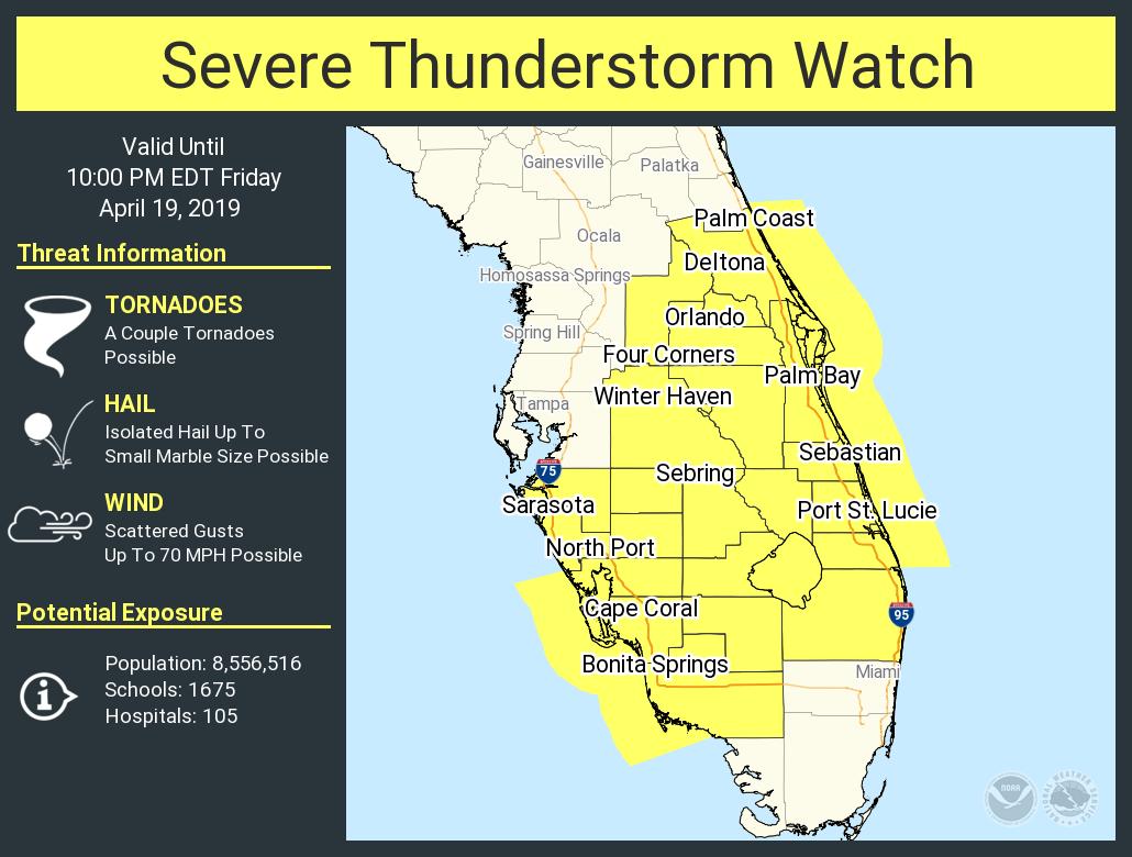A severe thunderstorm watch has been issued for parts of Florida until 10 PM EDT
