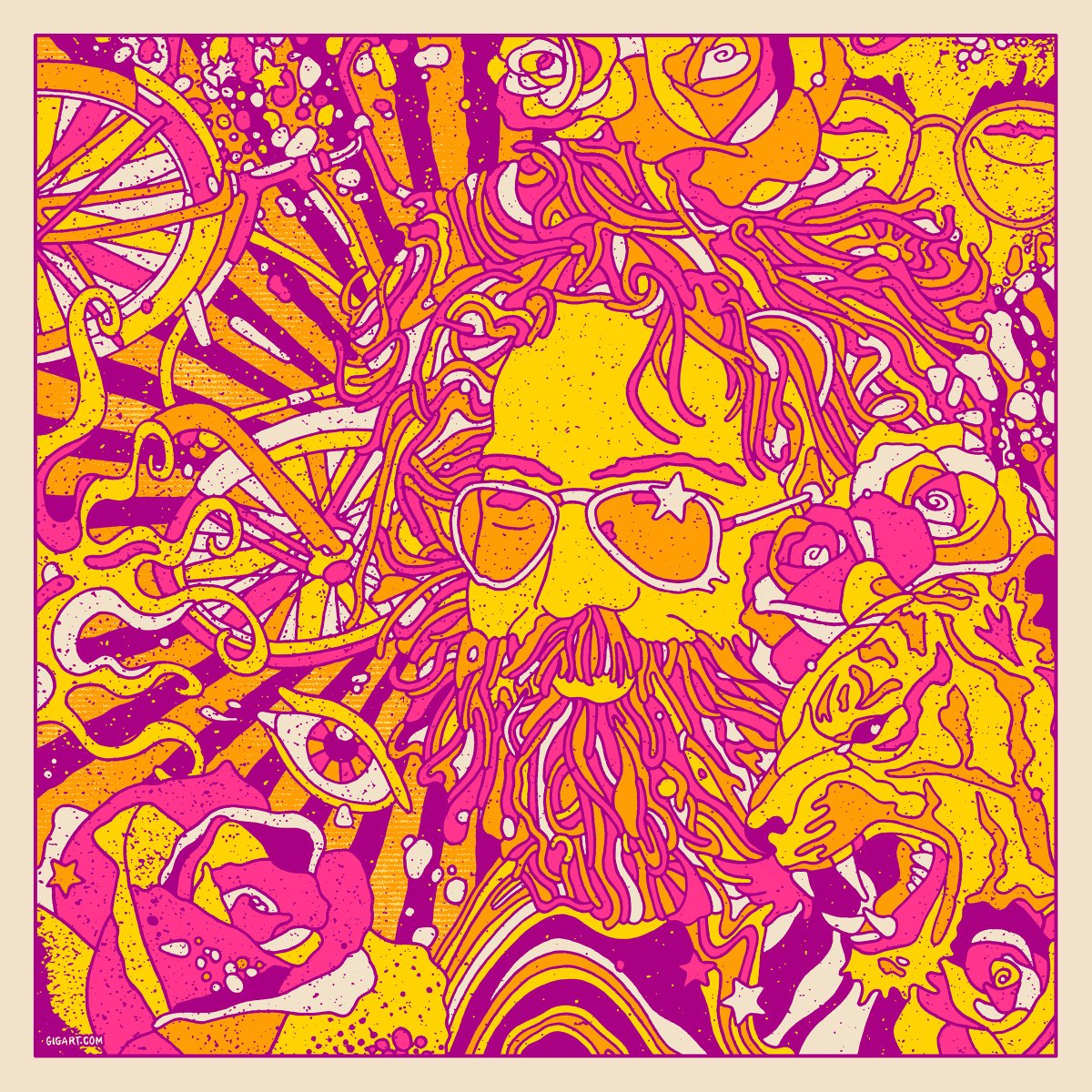 jerrygarcia's tweet photo. It’s been 76 years since Dr. Hoffmann’s wide-eyed ride!  This year we asked @GIGART to create a print celebrating the occasion — and the indelible influence Hoffman’s “problem child” had on Garcia.  We hope you love it as much as we do! https://t.co/iGboLXUaTv https://t.co/MUhaR7WJz0