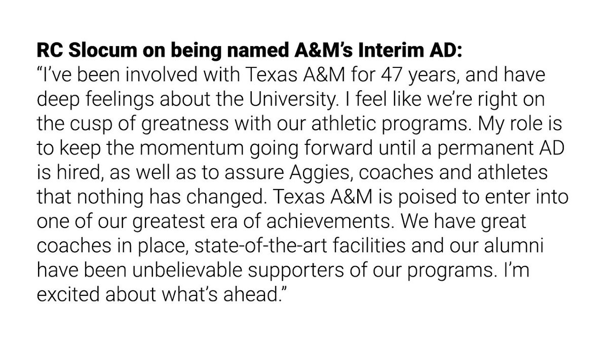 TexAgs's tweet photo. Statement from @rcslocum on being named A&amp;M’s Interim AD: https://t.co/WTviz9EgU3