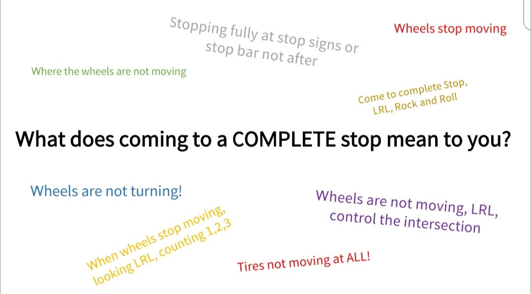 SafetyStJoe's tweet photo. Day 5 Tier III. Responses from driver when asked to write down, what does coming to a COMPLETE Stop mean to you? @PaulHuyser @Mark_L_Smith @Shellab1Shellie https://t.co/mLaUJUxVNo