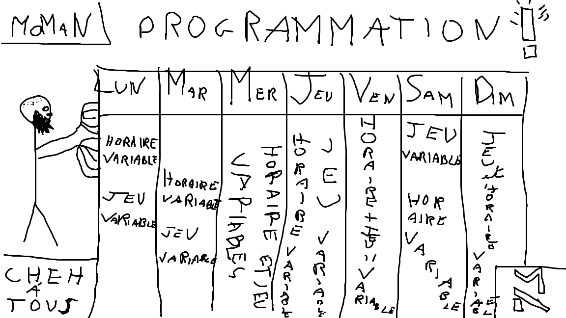 MoMaNuS's tweet image. J'ai reçu pas mal de messages me demandant ma prog, elle est pas compliquée, voyez ci-dessous. C'EST SIMPLE. Alors maintenant plus d'excuses, c'est à cette adresse &gt; twitch.tv/moman &lt;
Le chat et moi on vous attends de pied ferme pour partager tout ce FUN et d'amour♥