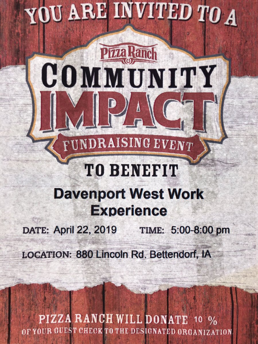 whssenate's tweet photo. Come to Pizza Ranch in Bettendorf this Monday, April 22, from 5:00 - 8:00 p.m. to support the DW Work Experience Program raise money for uniforms. 👍🏻🍕🍗

10% of every order will be donated for the WHS Work Experience Program uniforms! 🔴⚪️

Hope to see you there!🙂 https://t.co/LAHm2rAZ6h