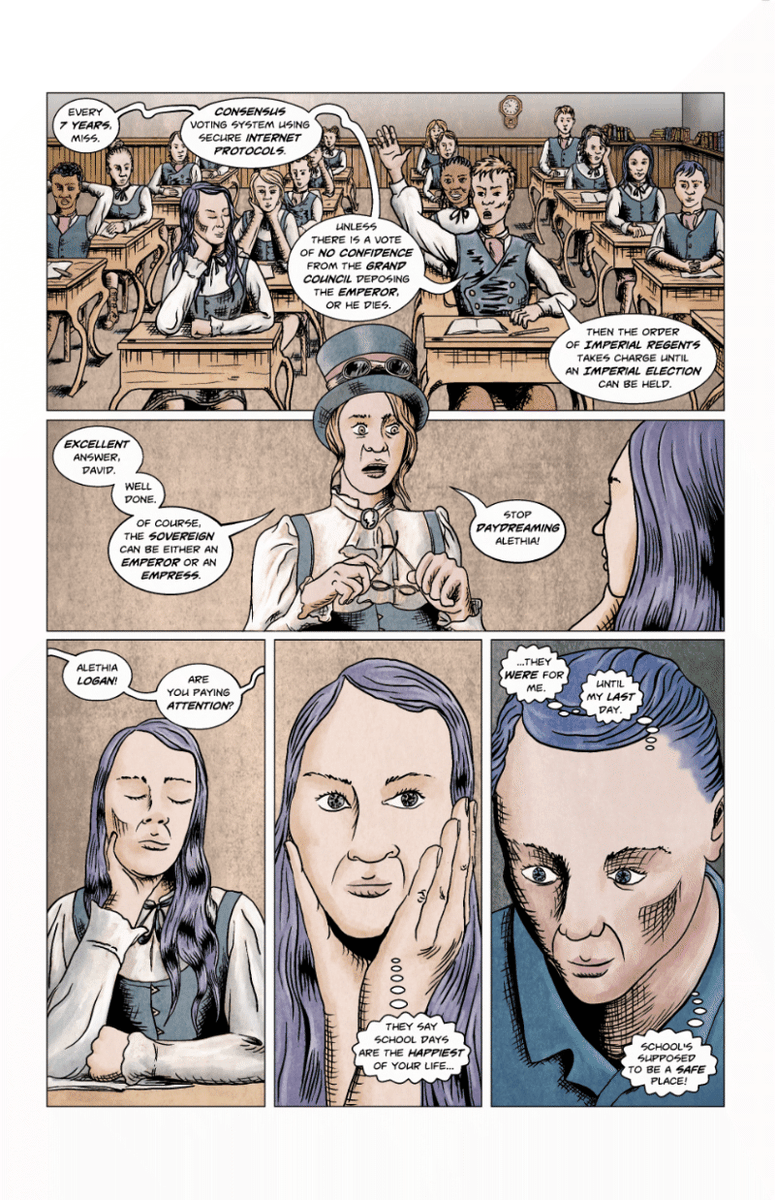 Economicon3's tweet photo. Here's page 4 of the graphic novel  "Steampunk Empire - The Cult of the Economicon" created &amp; written by  me &amp; Illustrated by Quick Draw Windlestraw. Watch out for page 5 coming soon! 
But who is this Quick Draw Windlestraw!???  #steampunk #comicbooks #GraphicNovel https://t.co/qEkGDUDTJo