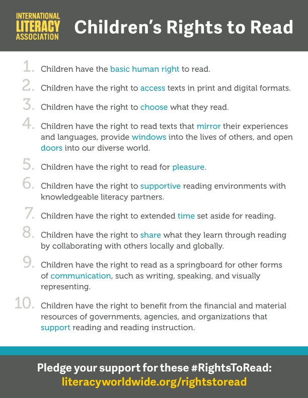 ILAToday's tweet photo. Children deserve access to the education, opportunities, and resources needed to read. Be their advocate and pledge to enact these 10 rights for every child, everywhere. Every signature helps us raise advocate for these Rights around the world. https://t.co/JJuxKMPcAs https://t.co/EFtrHMN8x8