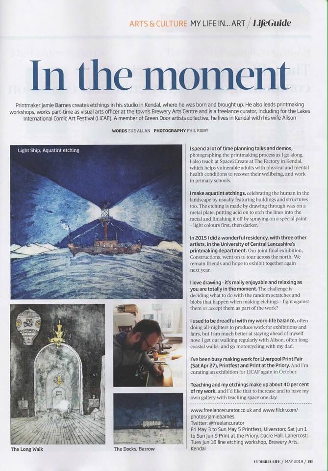 A massive thank you to Sue Allan of Cumbria Life Magazine for asking me to be part of this feature in the May issue
Featuring @brewery_arts_kendal @lakesinternationalcomics @s2cspace2create @uclanadf @artlabcps @constructure_collective <a href="/lplprint/">Liverpool Print Fair</a> @printfestulverston
#art #Cumbria