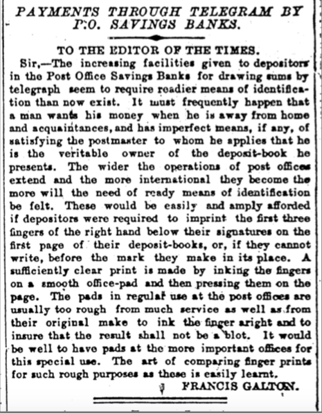 TomSamaki's tweet photo. Turns out, #biometrics in #fintech has quite a long history. Here's the racist Victorian polymath Francis Galton, one of the developers of fingerprinting in 1893. He's calling for fingerprints to authenticate people's identities for post-office accounts. https://t.co/k0IvmItTnh