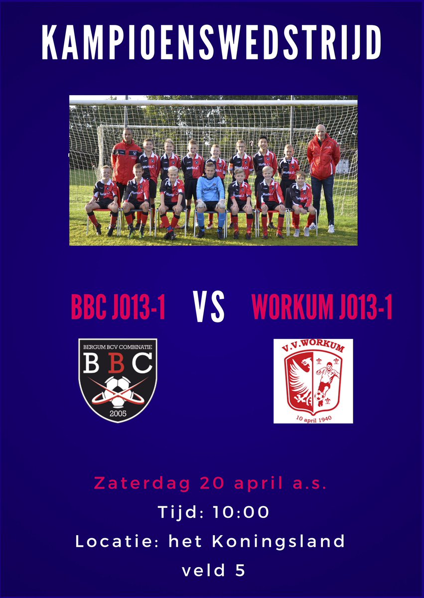 Kom allemaal morgenochtend om 10:00 uur naar Het Koningsland om onze BBC JO13-1 naar het kampioenschap te schreeuwen!💪👍🏆