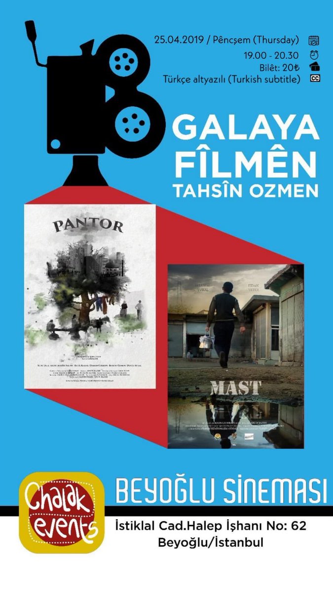 ChalakEvents's tweet photo. 📽Gala: • Mast (Yoghurt, 2015)
• Pantor (Trousers, 2018)
🎬Derhêner: Tahsîn Ozmen
🎙Lîstikvan: Suat Usta
📆 25.04.2019 / Pêncşem (Thursday)
⏰ 19.00 -20.30
📍Beyoğlu Sineması (İstiklal Cad., No:62)
#sînemayakurdî #cinema #tahsinozmen #mast #pantor #gala https://t.co/FXWFxpyeD8