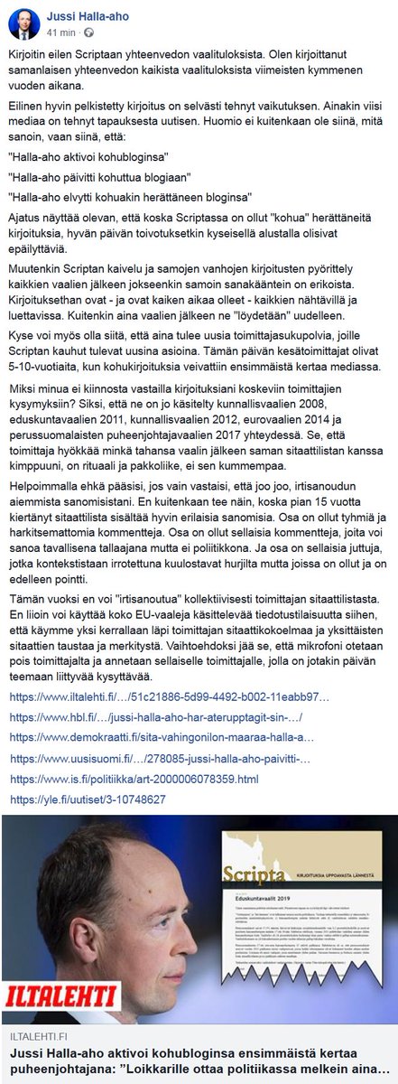 HommaMedia's tweet image. 🇫🇮 @Halla_aho #Scripta-bloginsa vaalitulosyhteenvedon uutisoinnista.

Ainakin viisi mediaa on tehnyt tapauksesta uutisen. Scriptan kaivelu ja samojen vanhojen kirjoitusten pyörittely kaikkien vaalien jälkeen jokseenkin samoin sanakääntein on erikoista.

facebook.com/jussi.hallaaho…
