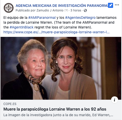 agentesdenegro's tweet photo. El equipo de la #AMIParanormal y los #AgentesDeNegro lamentamos la perdida de Lorraine Warren. (The team of the AMIParanormal and the #AgentInBlack regret the loss of @LorraineWarren).
https://t.co/1ogsmumdSf https://t.co/QzAuX0tSE4