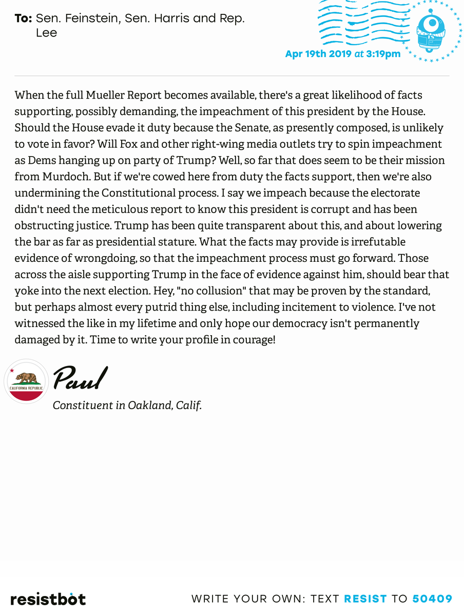 I just delivered this letter from Paul in Oakland, Calif. to @SenFeinstein, @SenKamalaHarris and @RepBarbaraLee #capols #capolitics #ReleaseTheReport