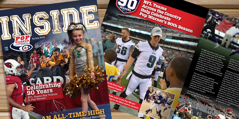 Pop_Warner's tweet photo. Need some weekend 📖 material? Check out the latest #InsidePopWarner digital magazine, featuring a look at 90th anniversary festivities at @NFL games, a recap of the 2018 #PopWarnerSB + features on the alumni & volunteers of #PopWarner! https://t.co/MMY0fMkm9l https://t.co/wlMtfHKJ0a