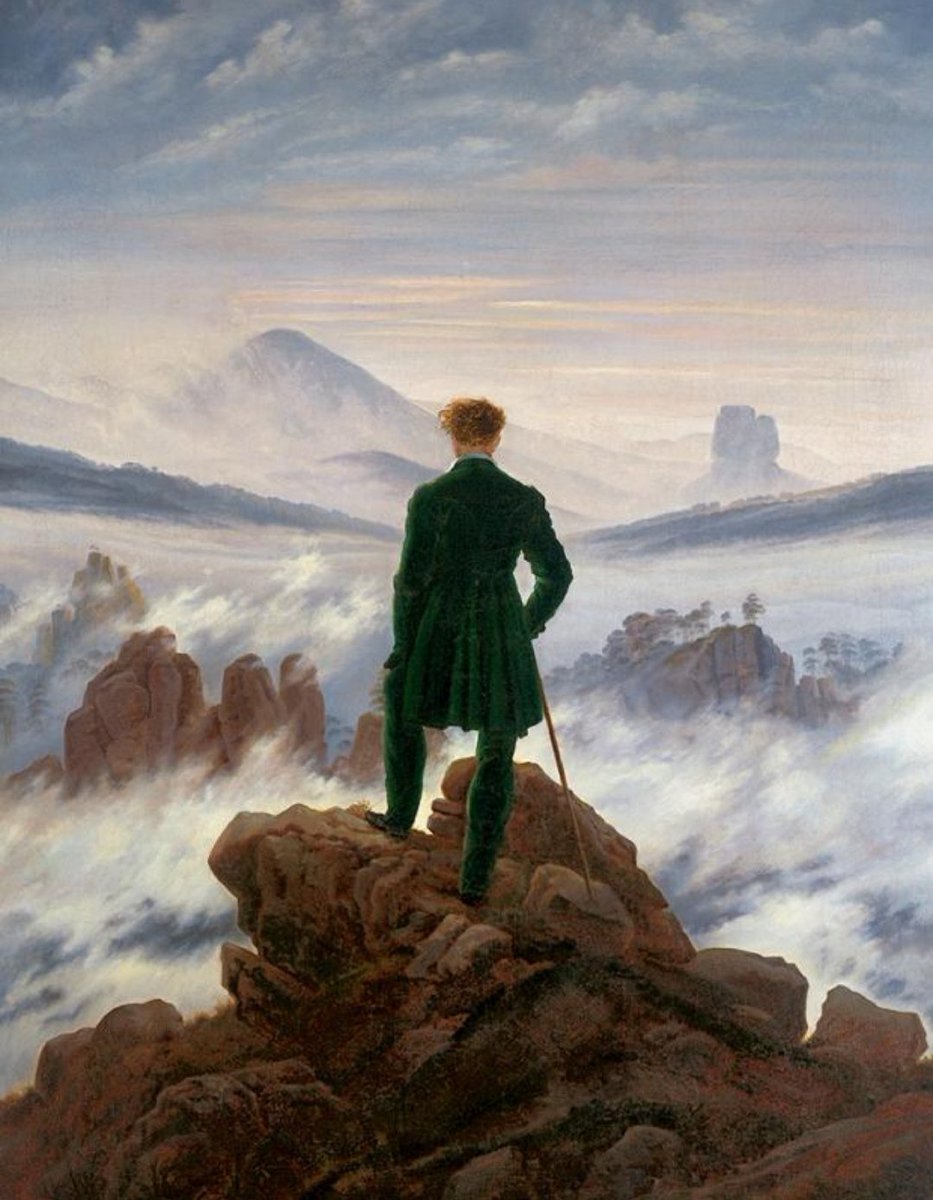 DieMelina's tweet image. Der &quot;Wanderer über dem Nebelmeer&quot; von #CasparDavidFriedrich vermittelt für mich ein Gefühl von Freiheit und löst den Drang aus, etwas Neues zu entdecken 🌍
Außerdem erinnert es mich an meinen heutigen Wanderausflug.

#5von100Tweets #SMSChallenge #SMSTexten