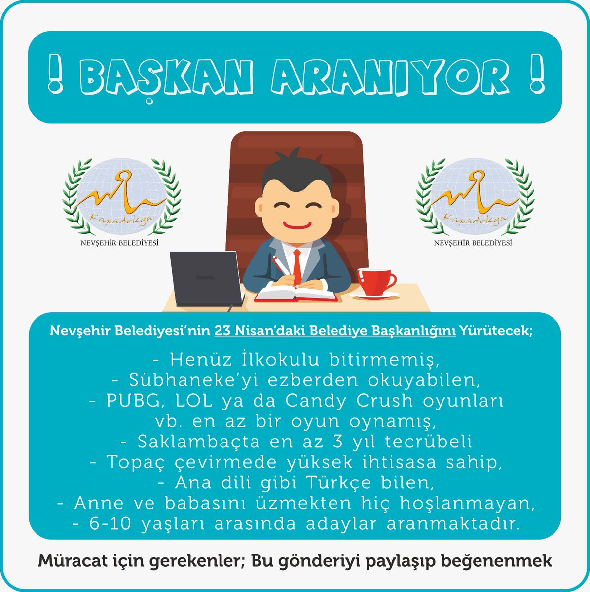 BAŞKAN ARANIYOR❗

Tek yapmanız gereken bu tweeti beğenmek, paylaşmak ve hesabımızı takipte olmak😊

Kura sonucu çıkan nasipli bir takipçimizin belirleyeceği bir kardeşimize bir günlüğüne Başkanlık Koltuğunu veriyoruz.