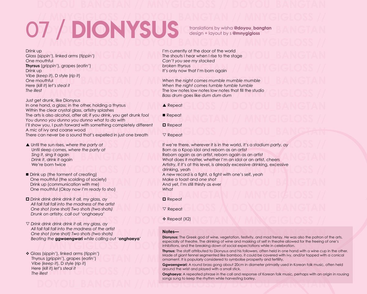 In Dionysus' lyrics, BTS talks both about REBIRTH. And about INTOXICATION with ART and the troubles of creating it. And so according to Jung, they are controlled by their desire for rebirth. They are on their individuation path, on their way to self-development.Falling and-