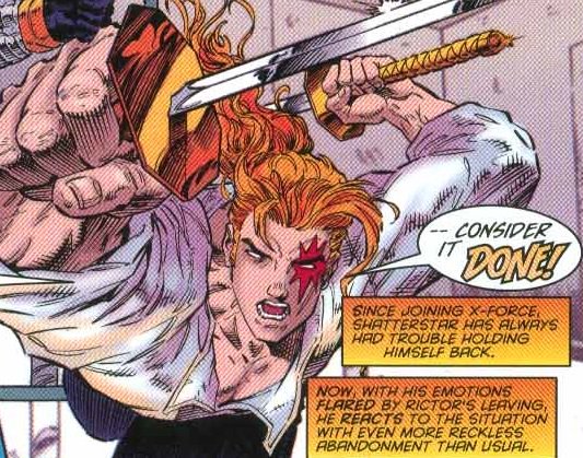 >> CABLE (1993) #22Rictor returns to Mexico, and Shatterstar almost cries at the airport and gets himself shot because he just lost Julio.>>#48-#49X-F tells Tabby to stops visiting Sabretooth, ‘Star is still hurt by Ric’s departure. ‘Star misses Julio and fights homophones.