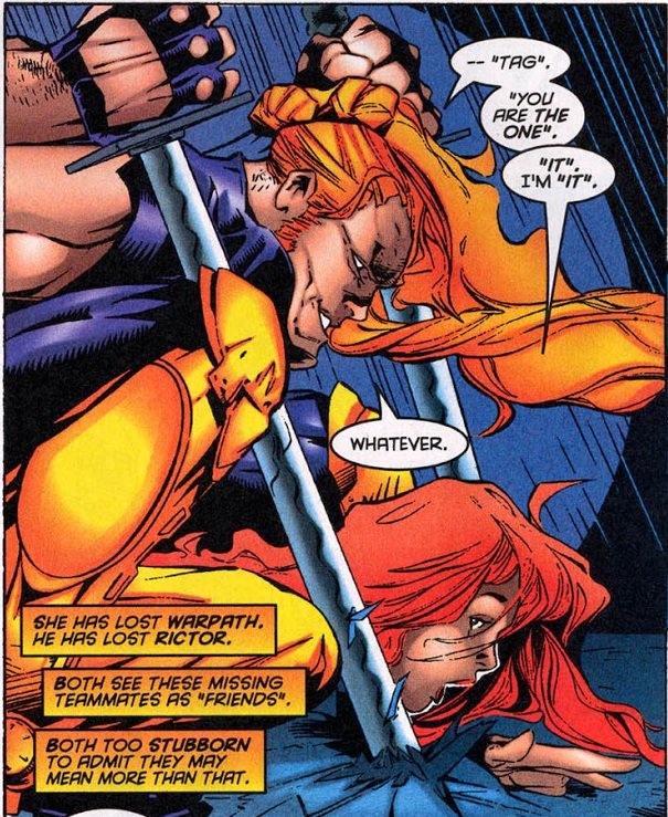 >#53-#55Shatterstar is worried he has lost his edge. X-F vs X-ternals. Shatterstar discovers about Benjamin Russell, X-F vs Shield.>>#56Shatterstar and Siryn play together. Here it’s pretty much clear Rictor is more than a friend for ‘Star. Star suspects his life is a lie.