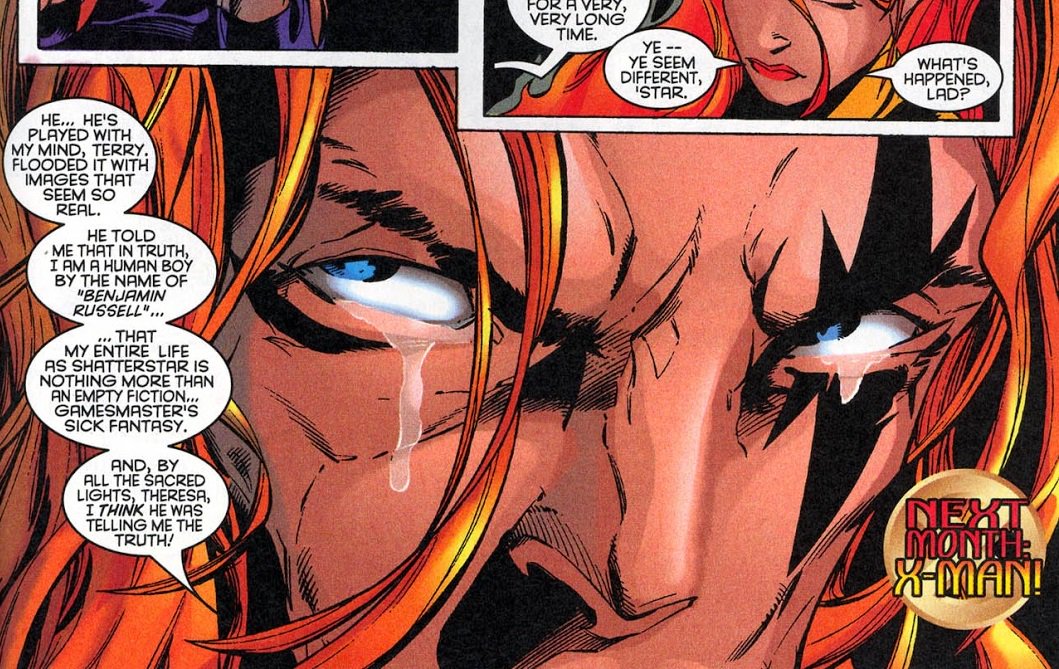 >#53-#55Shatterstar is worried he has lost his edge. X-F vs X-ternals. Shatterstar discovers about Benjamin Russell, X-F vs Shield.>>#56Shatterstar and Siryn play together. Here it’s pretty much clear Rictor is more than a friend for ‘Star. Star suspects his life is a lie.