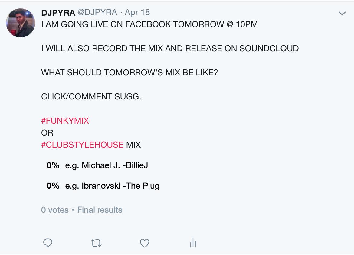 DJPYRA's tweet photo. Results are in with an outstanding tie between the funky mix and the club style house mix! I didn't expect the results to be any different! So, tonight I am going to mix up the night with funk! #FunkyFriday Comment any song suggestions! e.g.Indeep-Last Night a D.J. Saved My Life https://t.co/8PcLW2KPHh