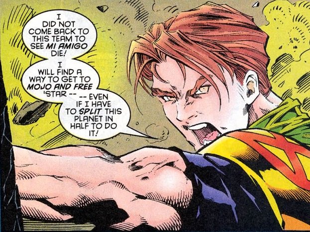 >> #59The secret of Shattertar begins here. Rictor returns because ‘Star needs him.>> #60-#61X-F goes to Mojoworld to save Shatterstar and Cable with the help of Longshot. Also, someone said ricstar under the moonlight? I mean this part is obviously romantic coded.