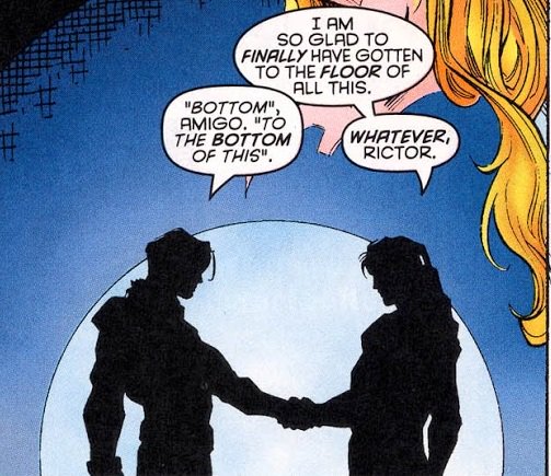 >> #59The secret of Shattertar begins here. Rictor returns because ‘Star needs him.>> #60-#61X-F goes to Mojoworld to save Shatterstar and Cable with the help of Longshot. Also, someone said ricstar under the moonlight? I mean this part is obviously romantic coded.