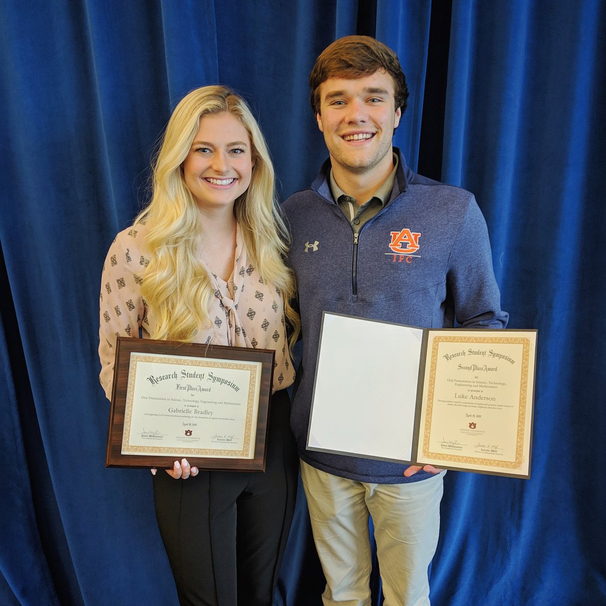 LipkeLab's tweet image. Congrats to Lipke Lab undergrads Gabi and Luke for winning 1st and 2nd place overall in the STEM category for their oral presentations at the university-wide Student Research Symposium! We are SO proud of both of them for their dedication to their research! #WarEagle