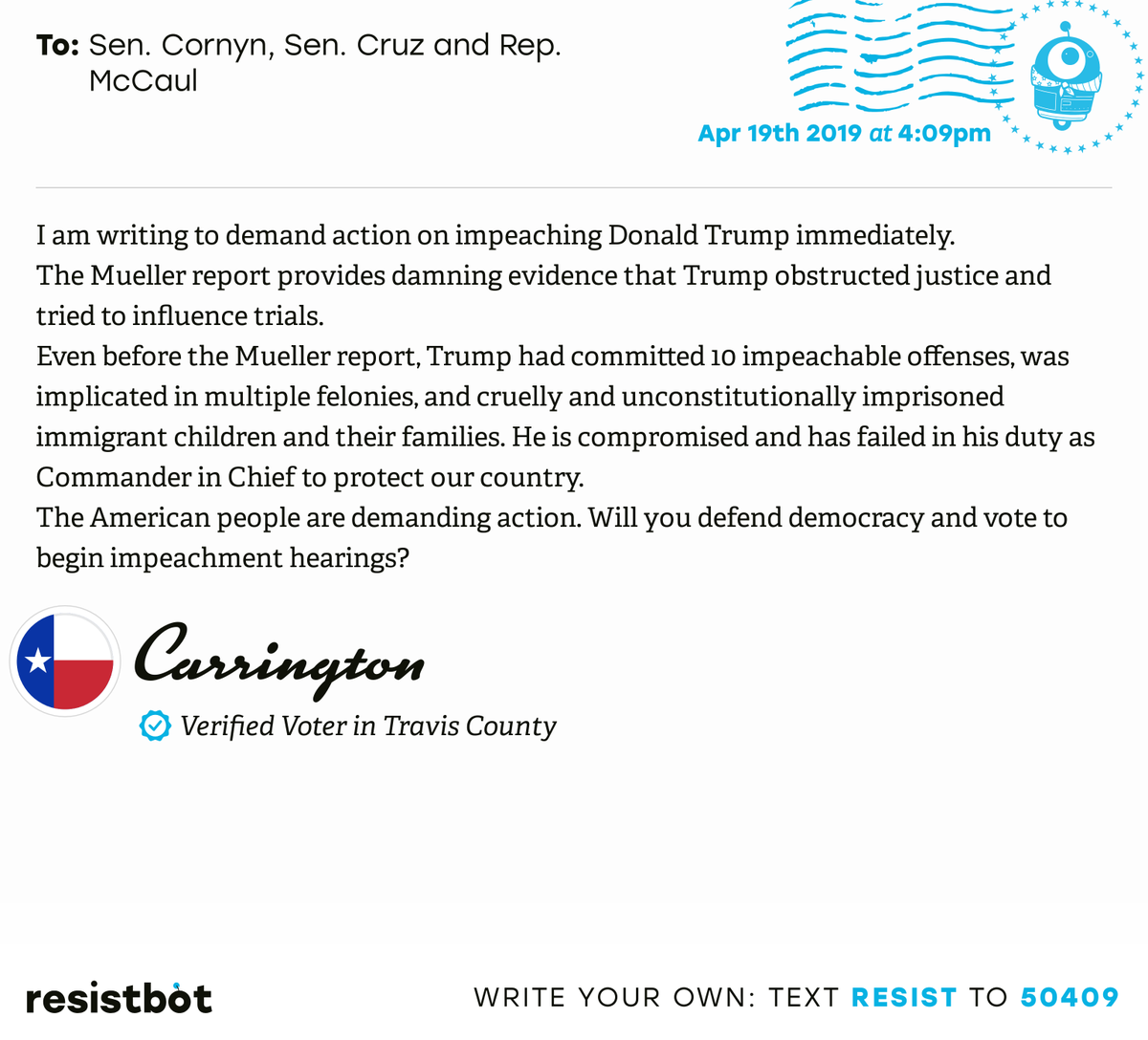 I just delivered this letter from Carrington in Austin, Texas to @JohnCornyn, @SenTedCruz and @RepMcCaul #txpols #txpolitics #ReleaseTheReport