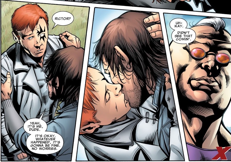 > #43Shatterstar reappears in Rictor’s life.>> #45Ric and ‘Star finally kiss on panel confirming what people have known for years: they are in love, also it’s Marvel’s first gay kiss on panel.Yes, ricstar did that (can you believe it was until 2009)
