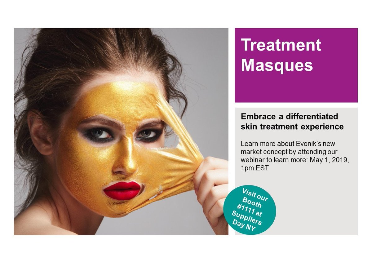 EvonikPC's tweet photo. Get a jumpstart to Evonik’s new facial Treatment Masque concept. Join us for early insights on May 1st. And visit us at the @NYSCC #SuppliersDayNY to try out the formulations yourself!
#SuppliersDay2019 #facialmask #beautyroutine #antiagingmask
https://t.co/qygchoeatd https://t.co/ToRsaHuE4b