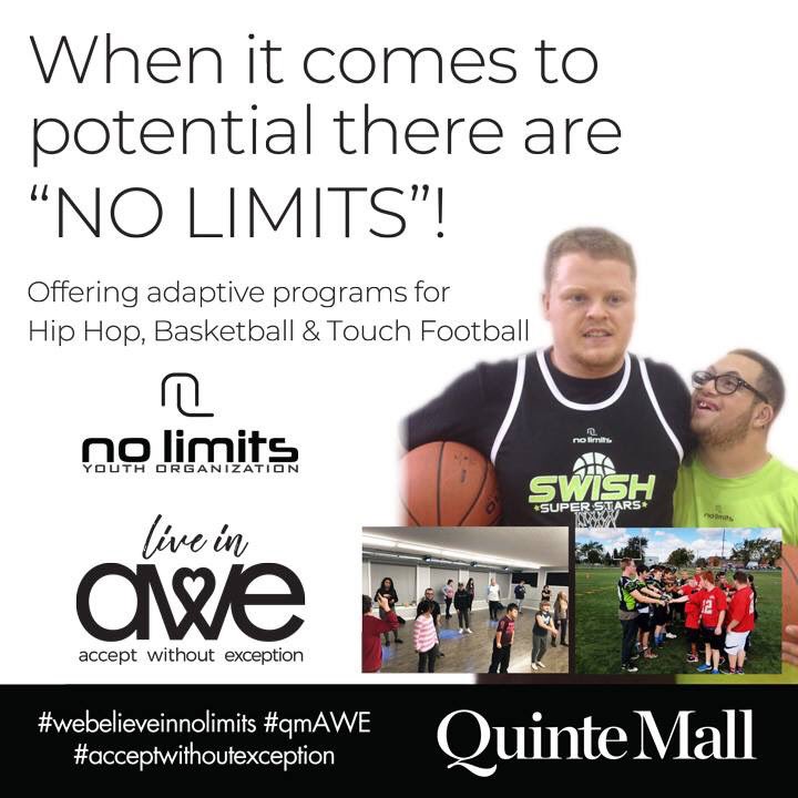 QuinteAdapt's tweet photo. Check out @NoLimitsCA at the @quintemall this Saturday to see their adaptive hip hop dance demo! 😀 #webelieveinnolimits #acceptwithoutexception https://t.co/wJMFB3mJ6S