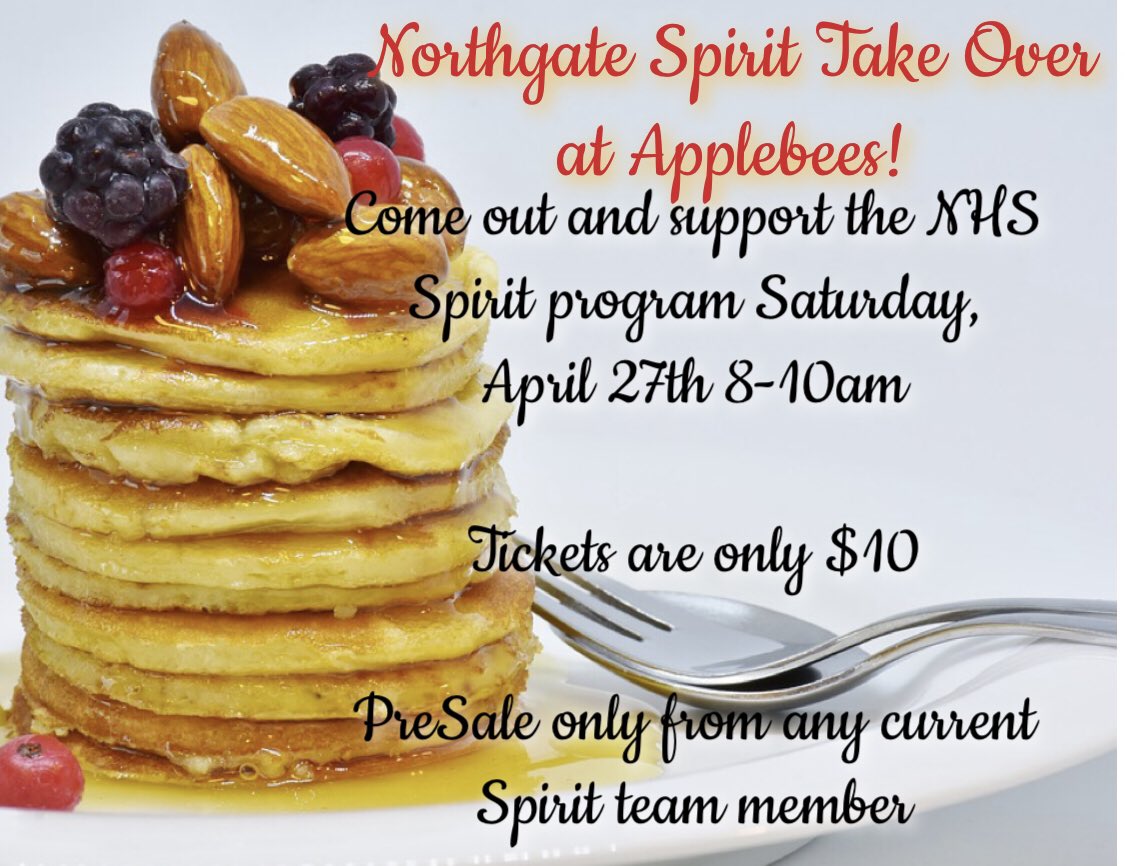 NorthgateSpirit's tweet photo. Come out and Support NHS Spirit!  We’re taking over Applebee’s for a FlapJack Fundraiser Saturday, April 27th 8-10am!

PreSale tickets ONLY! On $10 from any of the Current spirit members!

#broncos #support #fundraiser #cheer #dance #broncospirit #spreadtheword https://t.co/GLZMr26vsA