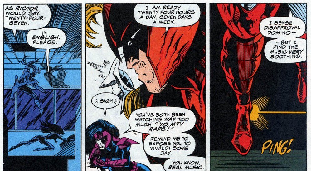 >#35-#36X-F is investigating a new sentient machine in development. ‘Star likes Rictor's music and quotes him. >> #39The sentient operational program from Cable’s system “Professor” has a body now. Shatterstar canonically watches “Love Connection”, Ric teases him.