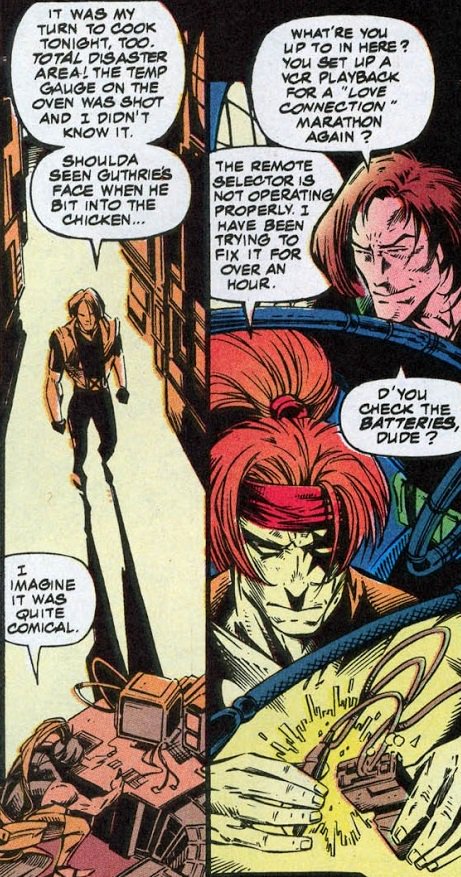 >#35-#36X-F is investigating a new sentient machine in development. ‘Star likes Rictor's music and quotes him. >> #39The sentient operational program from Cable’s system “Professor” has a body now. Shatterstar canonically watches “Love Connection”, Ric teases him.