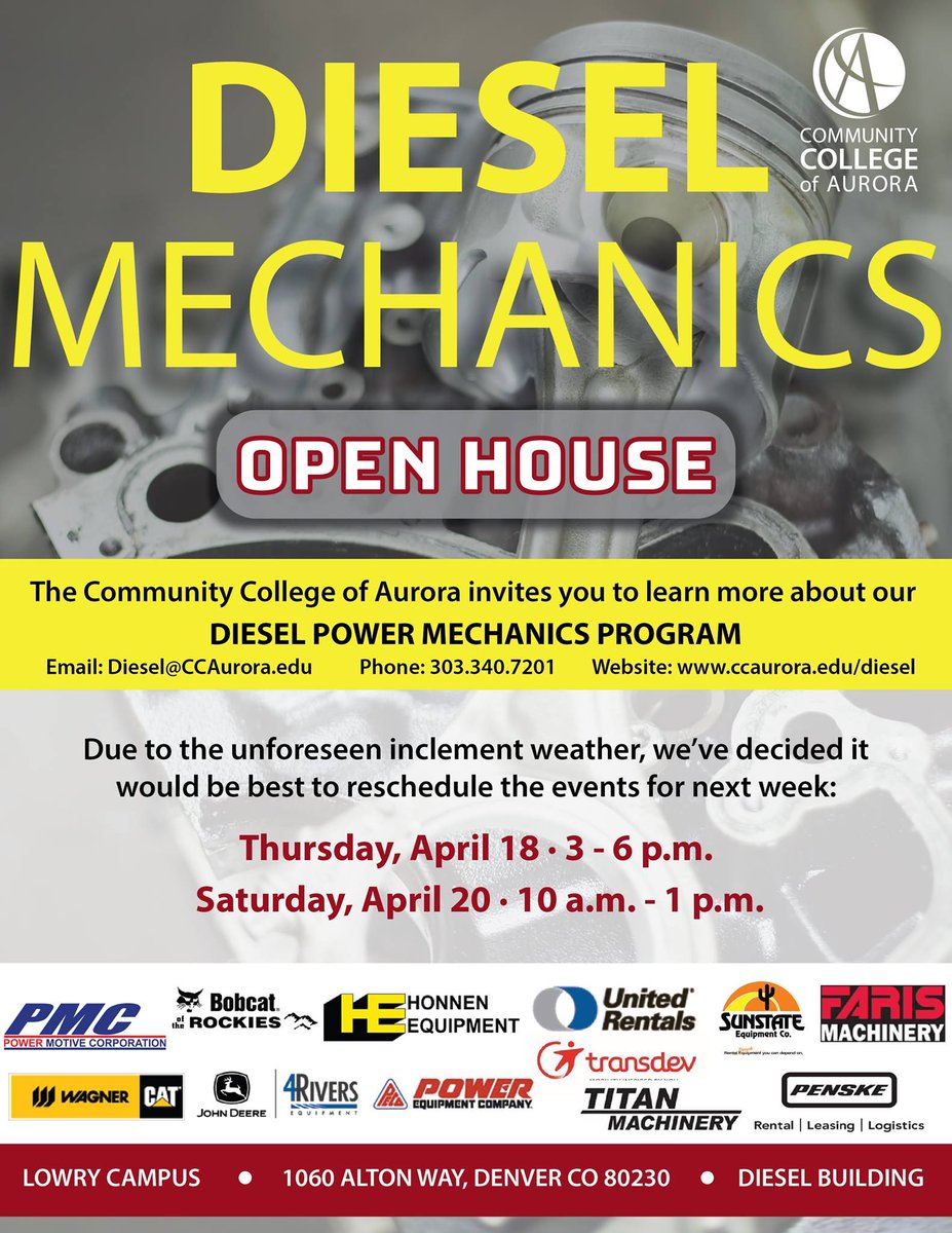 CCAurora's tweet photo. Come out tomorrow for our Diesel Open House. You'll get a tour of our facility and learn all about our Diesel Program! #BeTheFox https://t.co/Ql8z1HhGQ1