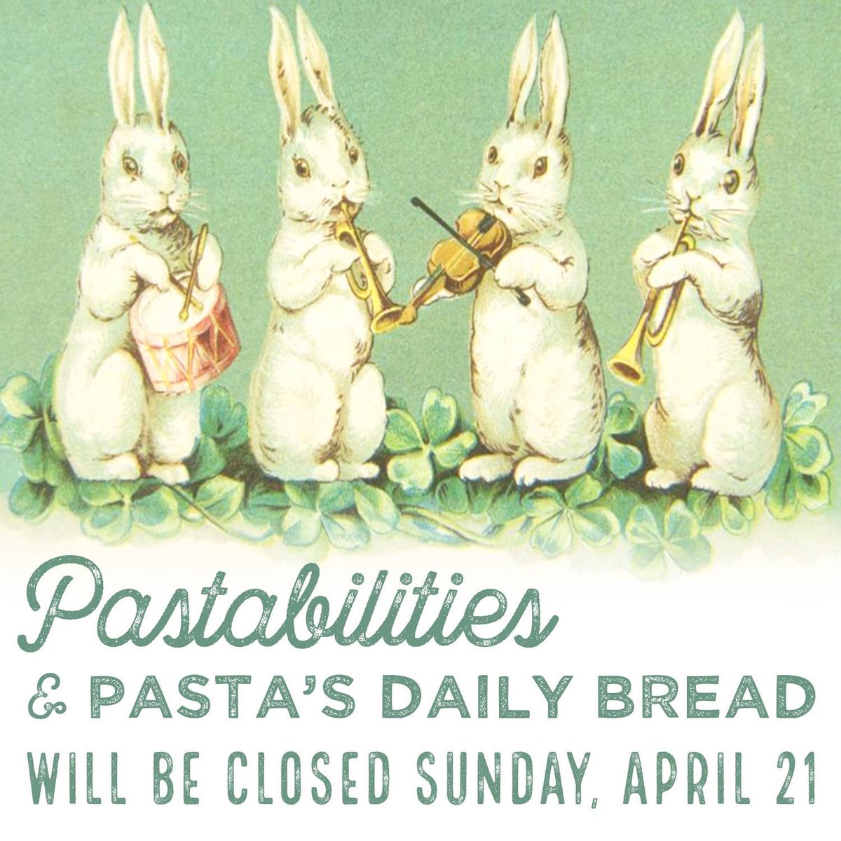 Pastabilities82's tweet photo. Pastabilities and Pasta’s Daily Bread will be closed this Sunday 🐰 https://t.co/QWUcKFzyLh