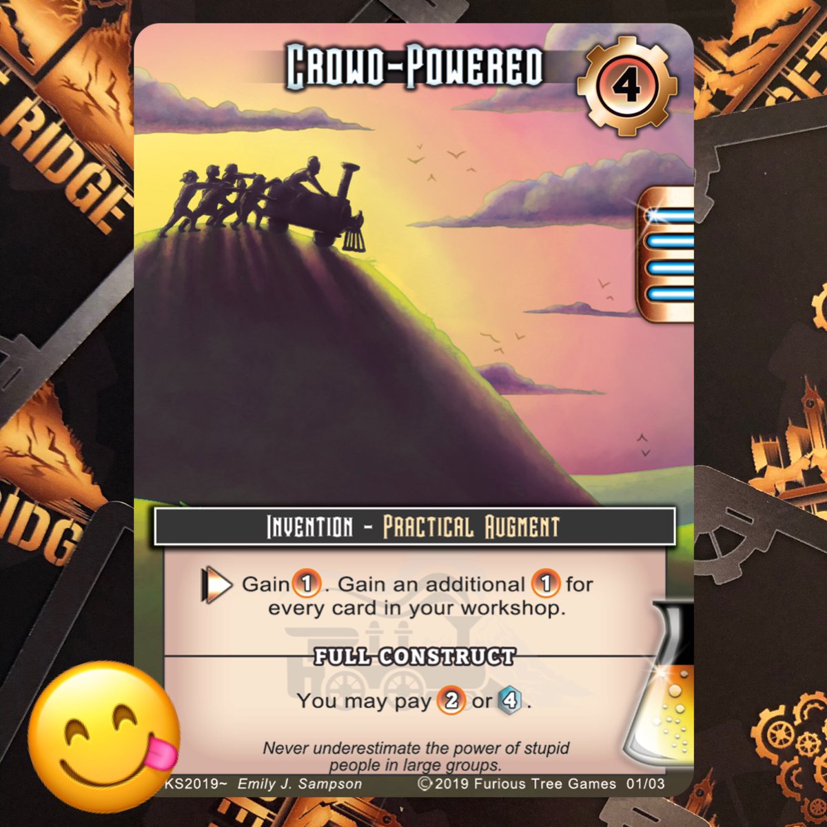 FuriousTree's tweet photo. Thanks to our backers who helped us unlock a new stretch goal!!! Check out the Kickstarter exclusive, borderless Widget Ridge cards! Can you guess the theme?! #widgetridge #furioustreegames #kickstarter #cardgames #gaming #boardgamegeek #deckbuildinggame #steampunk #steampunk https://t.co/xbnjS6iYC0