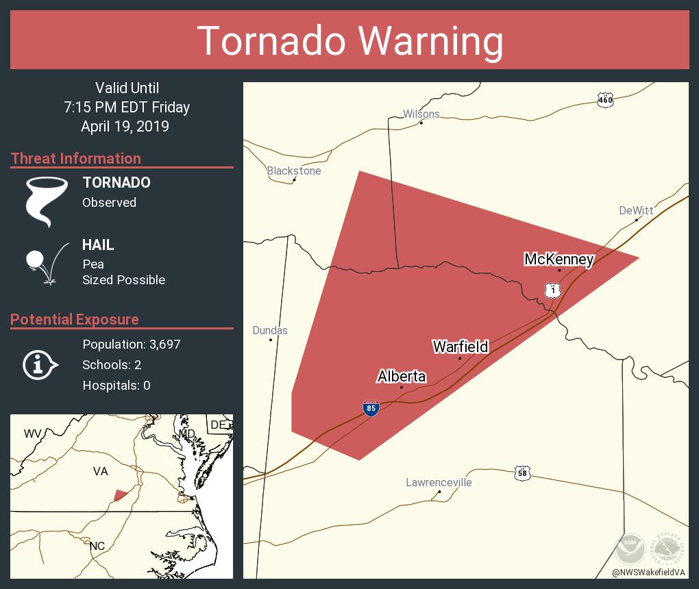 Tornado Warning Tornado Warning continues for McKenney VA, Alberta VA