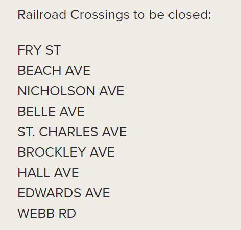 Heads up! The following railroad crossings will be closed starting on Monday, April 22nd for up to 2 weeks for scheduled upgrades. We will work with the traffic maintenance company to keep residents updated on crossing closures &amp; re-openings. More info: bit.ly/2Xtu2hL.