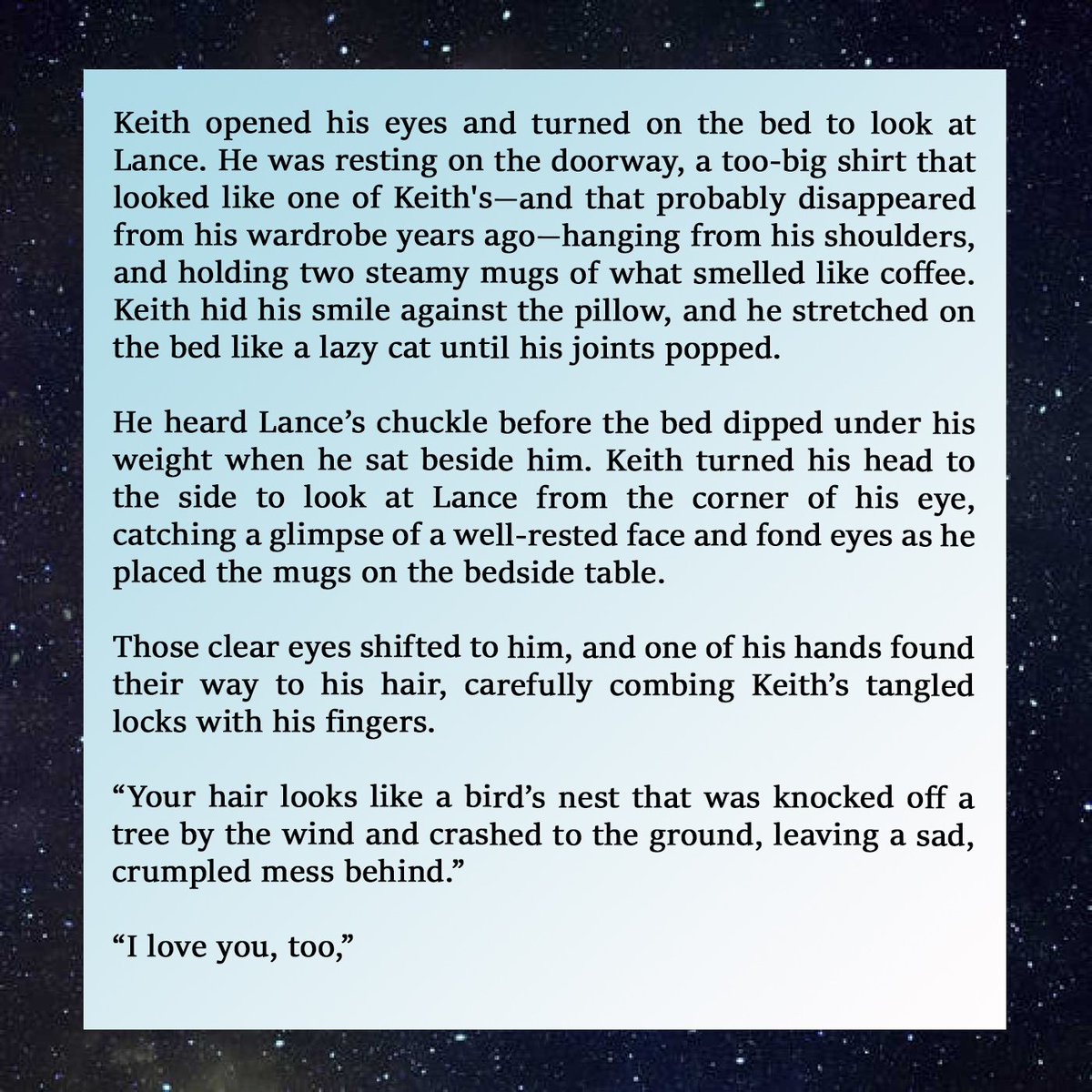 livinglittlelie's tweet photo. Title: Lazy mornings
Fandom: VLD
Pairing: Klance
https://t.co/0I7HgeUaTX
#VLD #Voltron #Klance #AmIHipYet https://t.co/UvoHTLFTNi