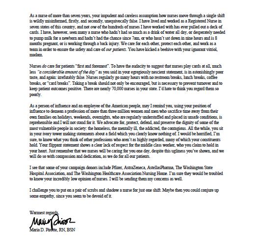 nursepiretti's tweet photo. To Senator Maureen Walsh: we will be caring for you one day, and we will treat you with much more respect and dignity than you've shown us. You have kicked a beehive, madam. #NurseTwitter #MedTwitter #girlmedtwitter #nurselife https://t.co/OjOG4XRXXL