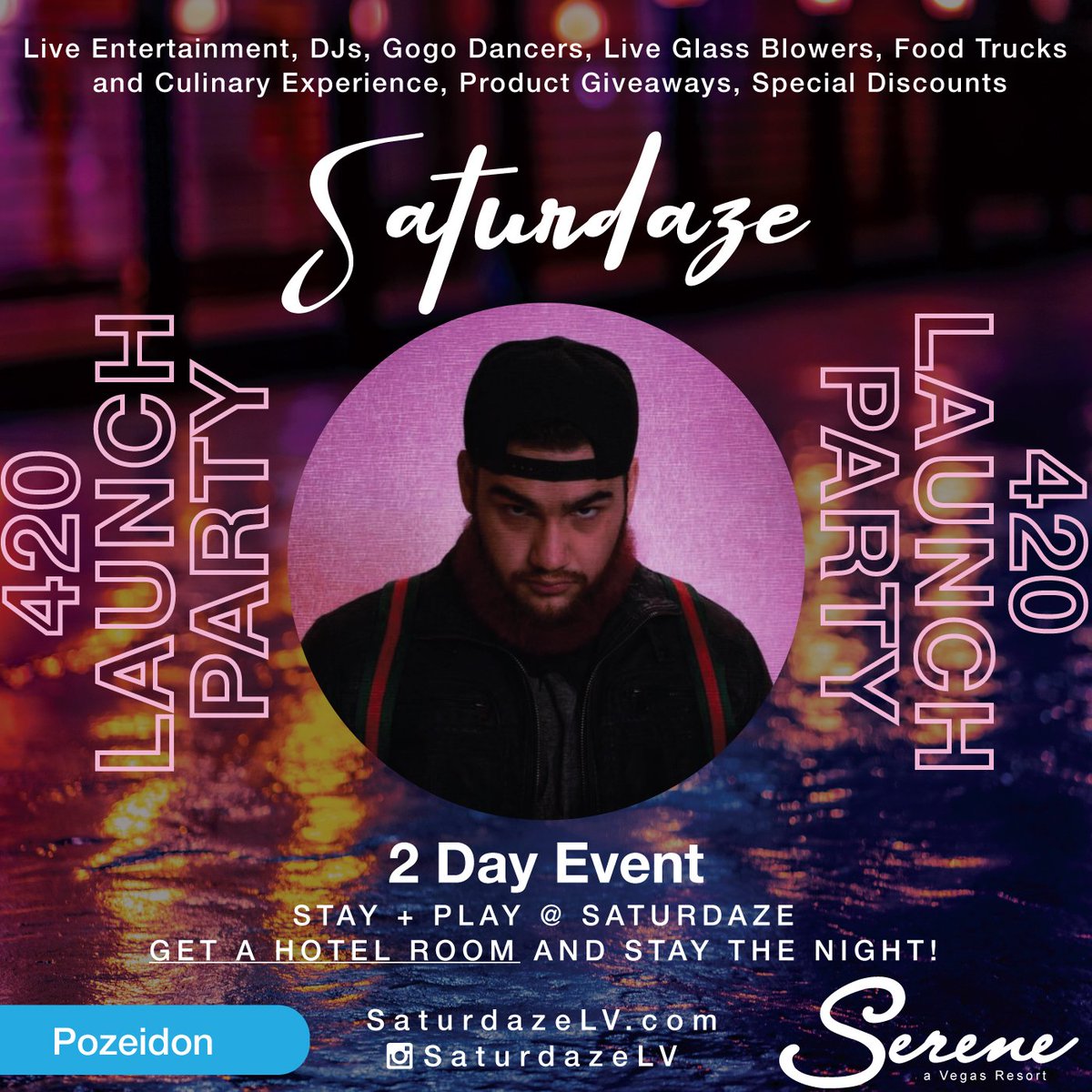 SATURDAZE 420 Official Launch Party main stage performer Pozeidon will be getting lit with us as we celebrate our favorite holiday in style with the over 20 live performances, food trucks and vendors located just minutes from the Strip. #pozeidon #saturdazelv #vegas #SaturDazeLV