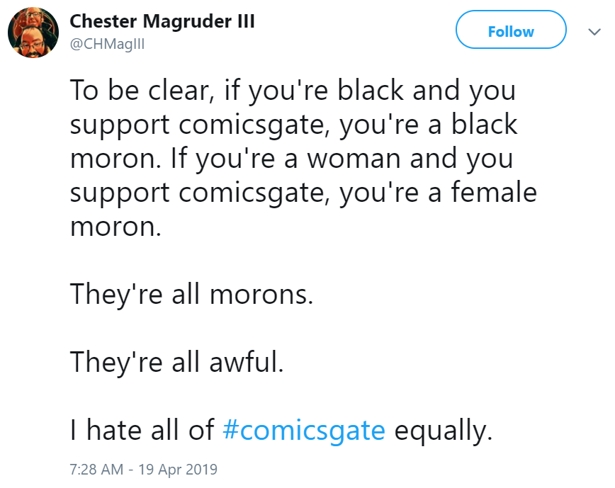 CiderHype's tweet photo. #ThisIsAntiComicsgate
This dude went full Super Saiyan Ultra White Savior. 

Why do people need to be lectured to about their non-violent interests?

This sounds a lot like: "YOU DARE DISOBEY ME?!"

Clearly the Antis think they own people, thankfully #Comicsgate doesn't. https://t.co/ymoRKN2CMg