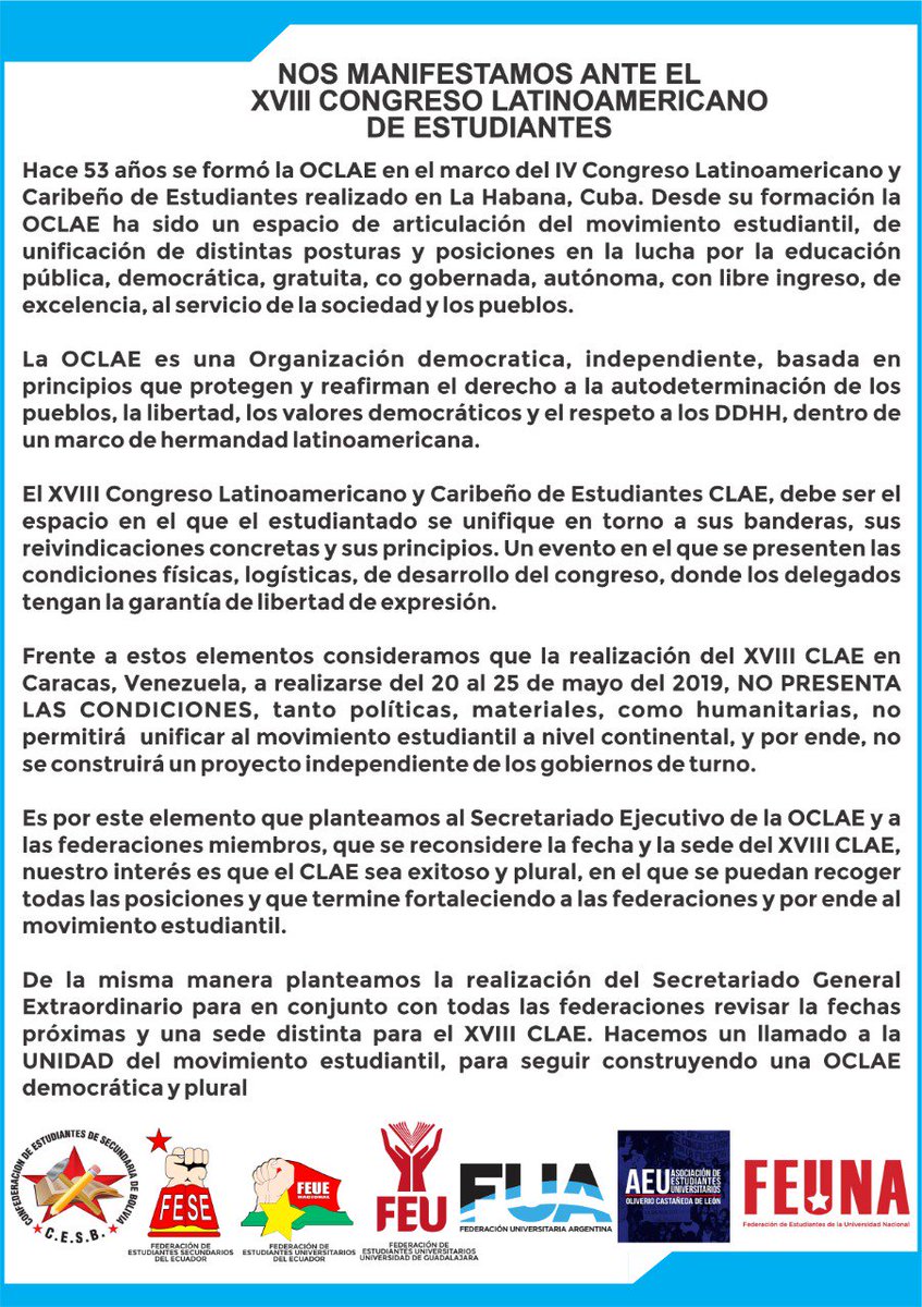 Frente al XVIII CONGRESO LATINOAMERICANO DE ESTUDIANTES (CLAE), a realizarse en Caracas, VENEZUELA. Compartimos el comunicado realizado en conjunto con las distintas organizaciones estudiantiles de latinoamerica.