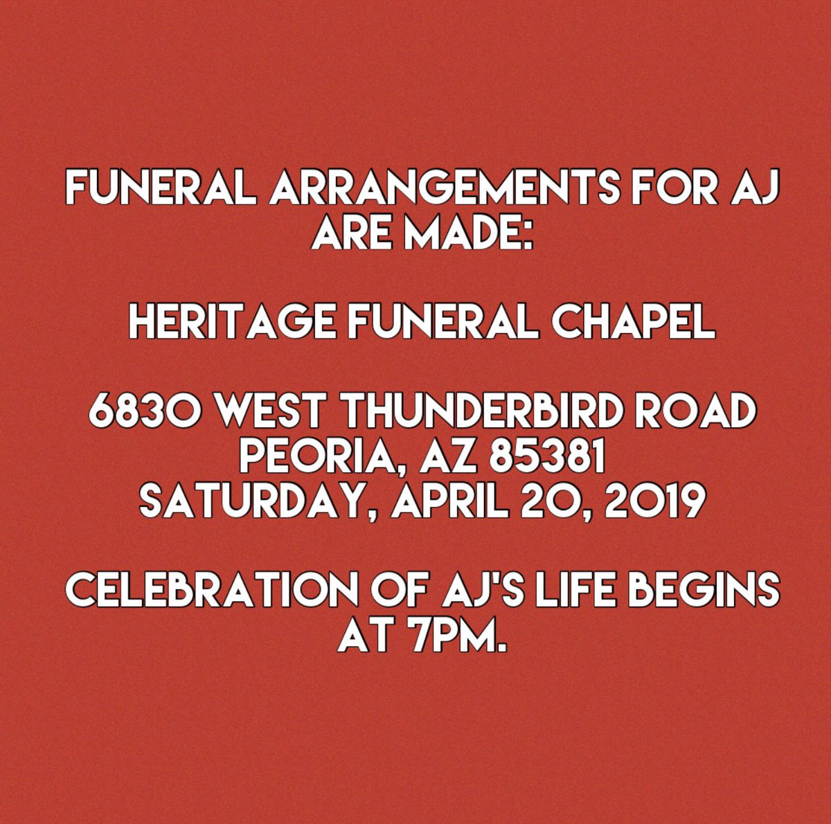 gwhssectionh's tweet photo. These are the funeral arrangements for AJ! please feel free to come, this was sent to us on behalf of his mother’s wishes #LLAJ https://t.co/eIhAcne4Gn