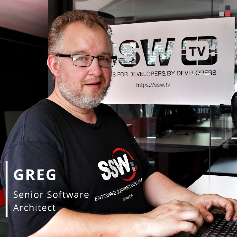 SSW_TV's tweet photo. Greg is a #SeniorSoftwareArchitect at SSW with +15yrs of experience in #SoftwareDevelopment. He specializes in #ASPNETMVC, #SQLServer, #Azure and #React. He's constantly learning new techs w/ #ReactNative being his current focus. Find more: https://t.co/vJoNI5YFCp https://t.co/N5niEj9co2