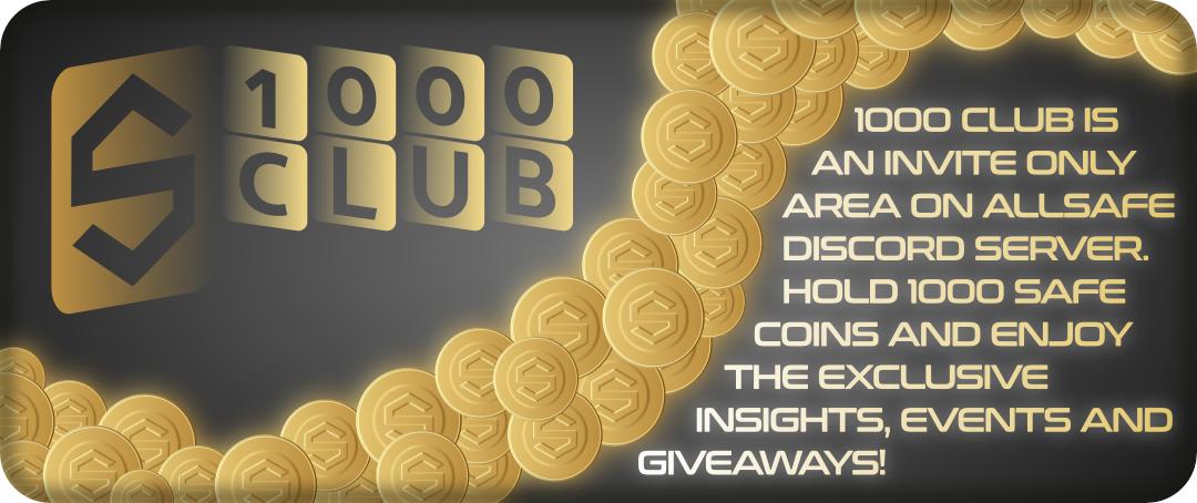 Allsafecoin's tweet image. 💥House Rules  - 'The 1000 Club is an Invite only area for members of the AllSafe community that hold 1000+ coins. As a 1000 Club member you  get access to exclusive events and airdrops. See you in the Club!' 🚀Discord: discord.gg/4Xpy47e