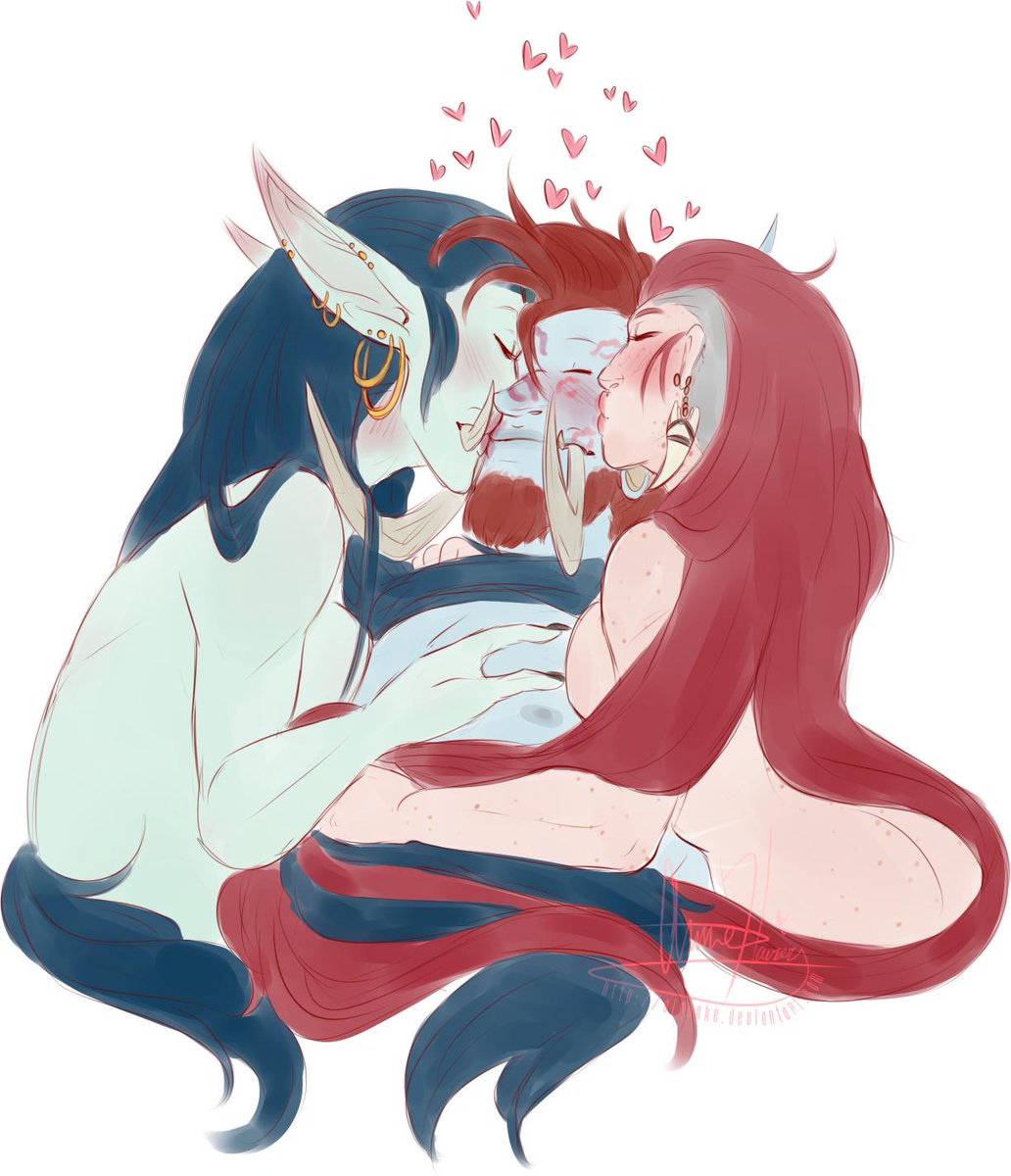 Airanke's tweet photo. @BristlefurrArt 💋💋💋

Vol'jin tangled up in all this hair -- I don't think he wants to escape these beautiful ladies tho~~
#Voljin #AmitaDakini #Armadda https://t.co/nhN7vI9Gmp